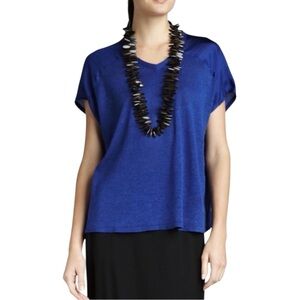 Eileen Fisher Blue V-Neck Silk Linen Blouse Size L | Lightweight & Flowy